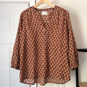 ZEN ETHIC rust black tribal floral semi sheer cotton long sleeve blouse‎ shirt